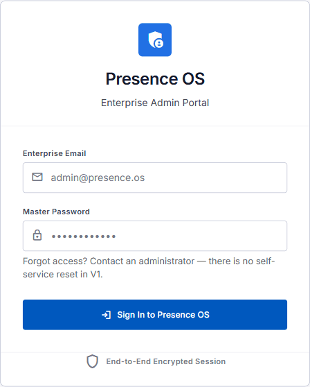 Presence OS administration console sign-in screen
