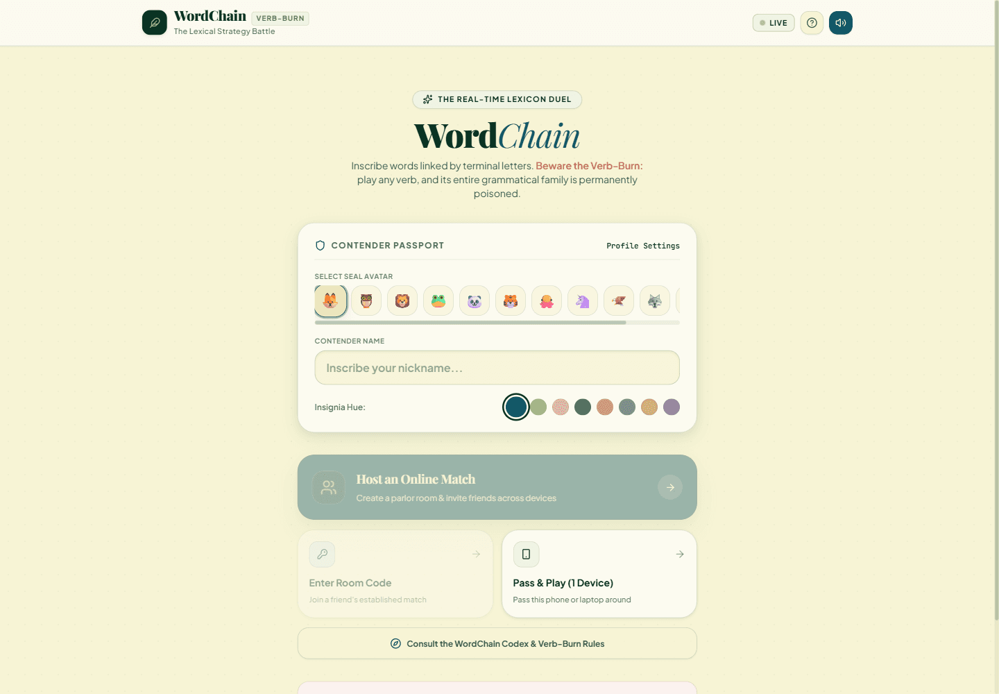 WordChain home screen with online multiplayer and pass-and-play modes